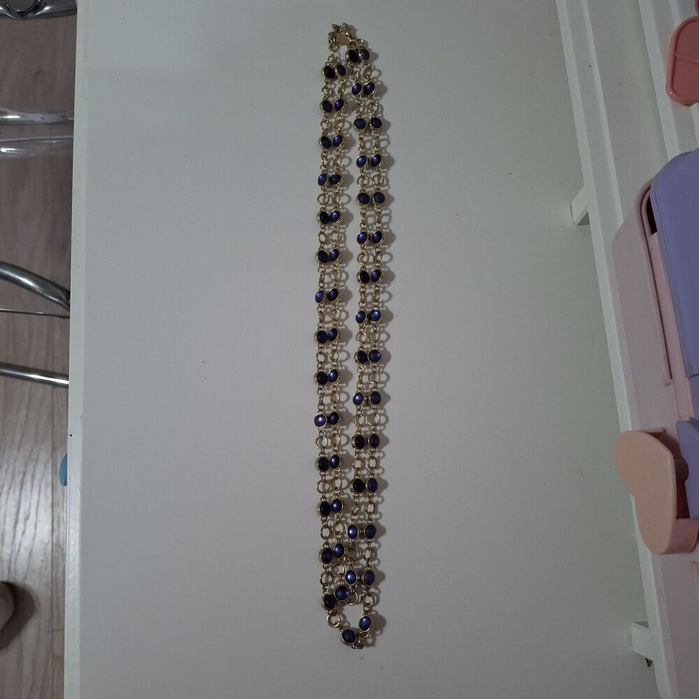 Coldwater Creek Double Strand Layered Blue Round Gold Tone Long Necklace